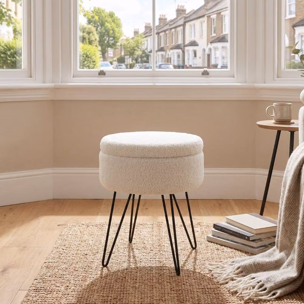 Home Luxe Interior Orla White Teddy Storage Footstool - Bouclé Cylindrical Ottoman with Metal Frame – 2