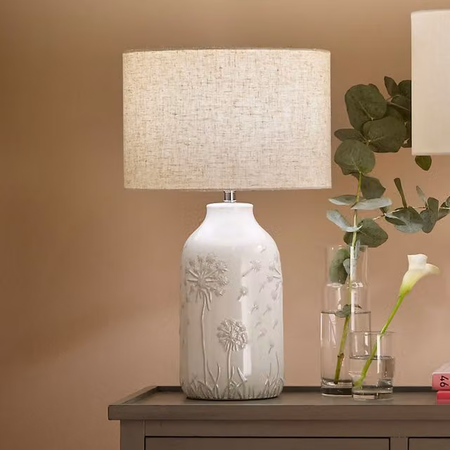Pacific Lifestyle Floral Dandelion Ceramic Table Lamp in Beige and White