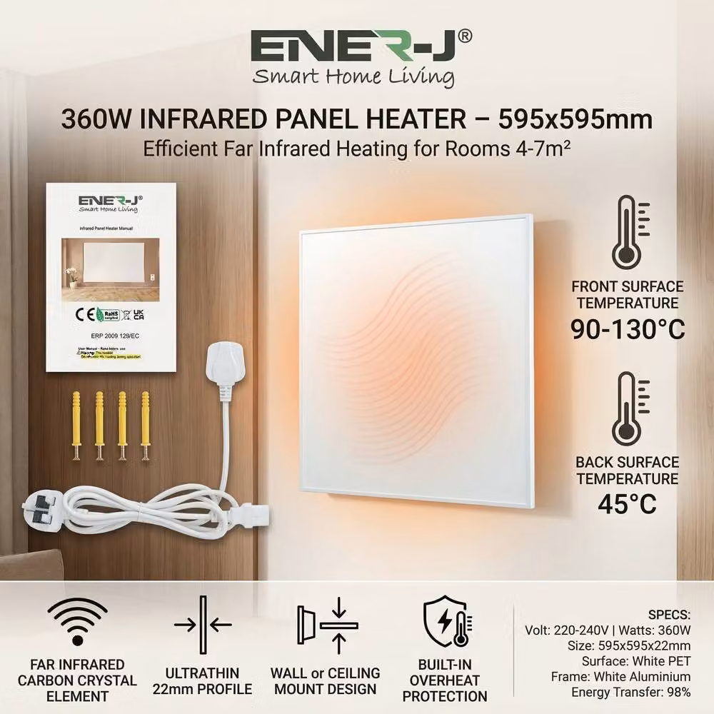 ENER-J 360W White Infrared Heating Panel W/D/H: 60 x 60 x 2.2 cm – 2
