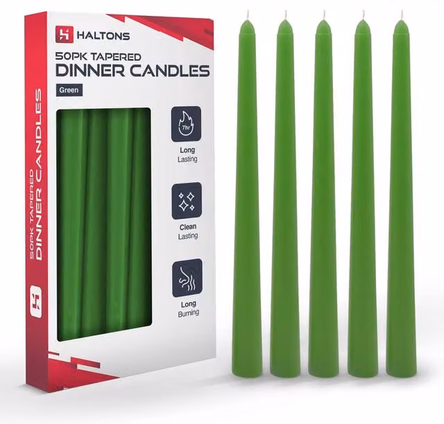 Haltons Unscented Long Tapered Dinner Candles in Green, White or Red