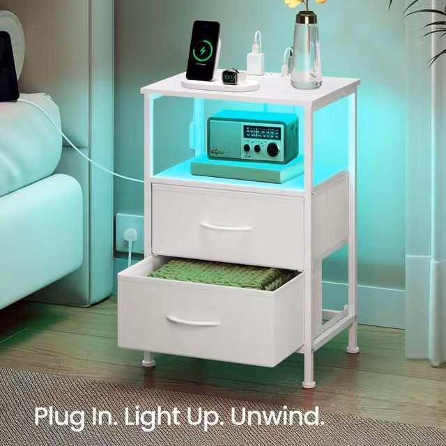 SONGMICS Set of 2 Modern White Bedside Tables with App-Controlled Adjustable LED Lighting