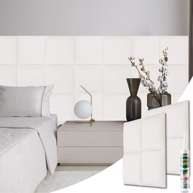 Novecrafto Set of 4 Soft Velvet Upholstered Wall Panels with Adhesive, White, W/D/H: 30 x 30 x 3 cm – 1