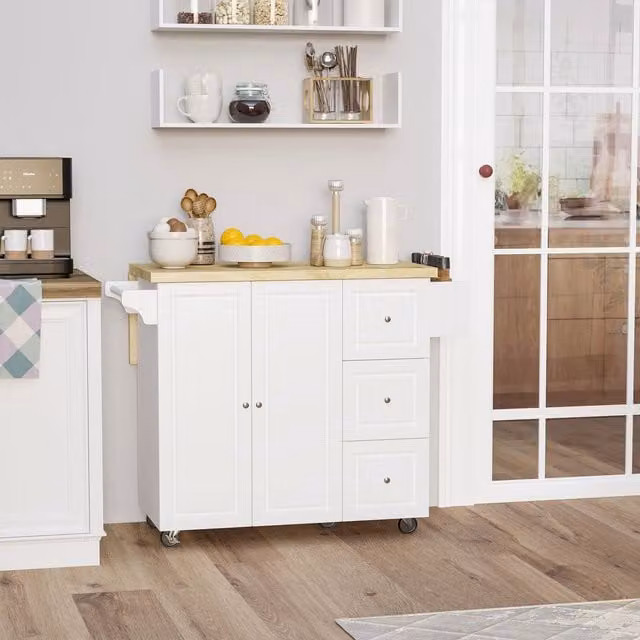 HOMCOM White Drop Leaf Kitchen Island on Wheels with Utility Storage Drawers
