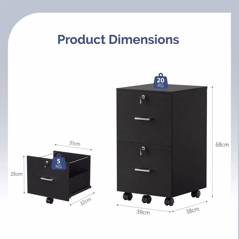 EONLION 2 Drawer Rolling File Cabinet in Black with Lock and Castors – 2