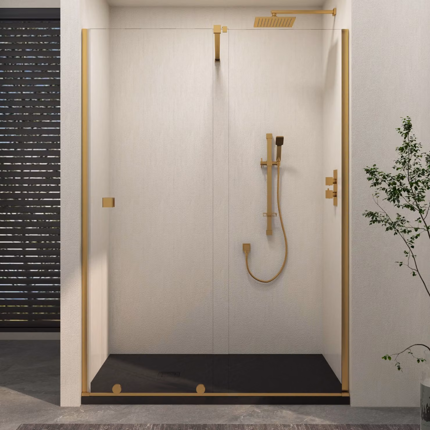 Royal Bathrooms Luton Recessed Sliding Shower Screen with Black Slate Effect Mineral Cast Stone Shower Tray, Brushed Brass, W: 120 cm, D: 90 cm, H: 195 cm