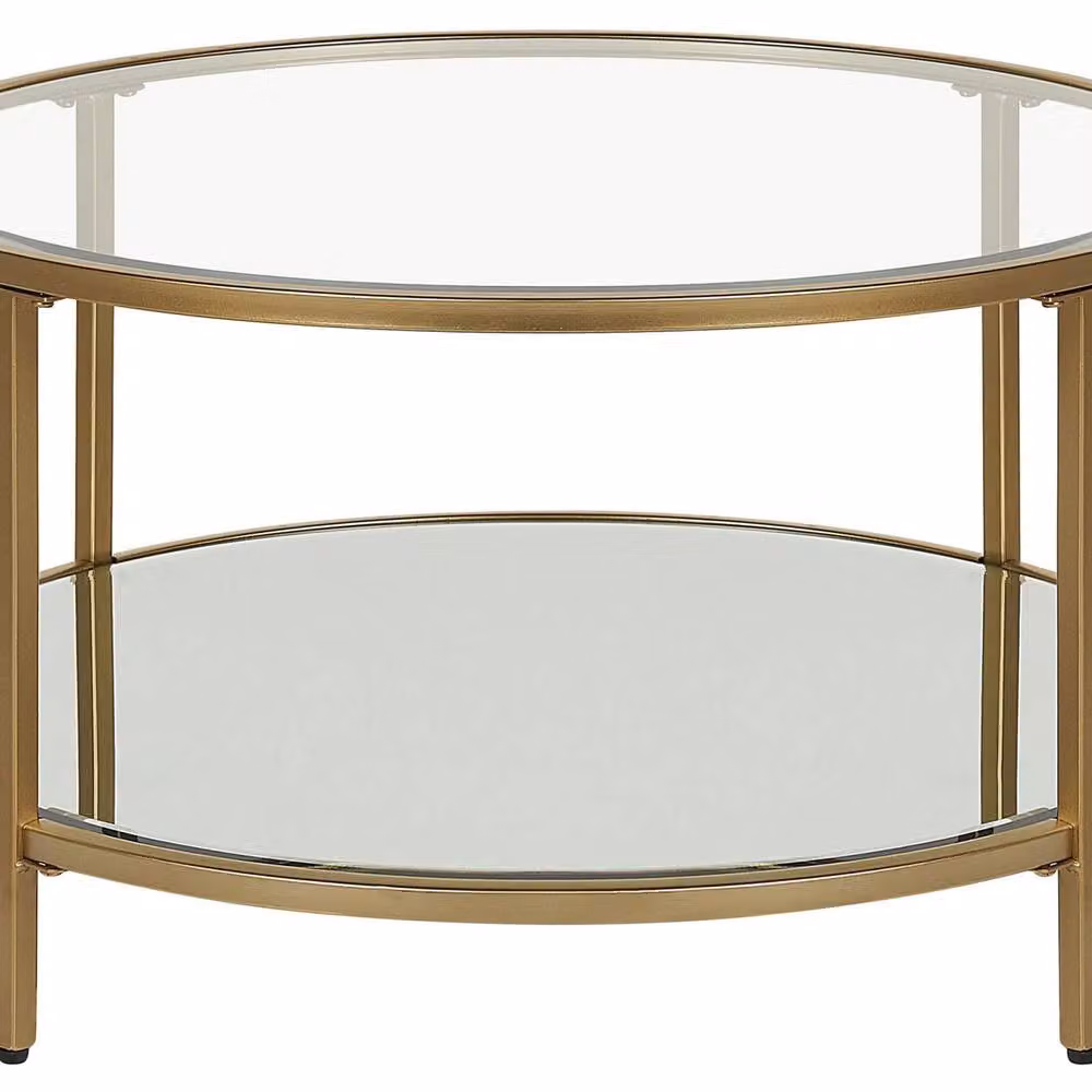 Wyld and Coco Round Gold Tempered Glass Coffee Table with Mirrored Shelf, Diameter: 70 cm, Height: 40 cm – 2
