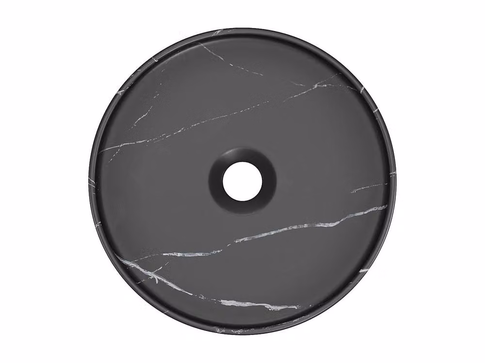 Vente-unique Round Ribbed Ceramic Washbasin in Black Marble Effect, Diameter: 36 cm – 3