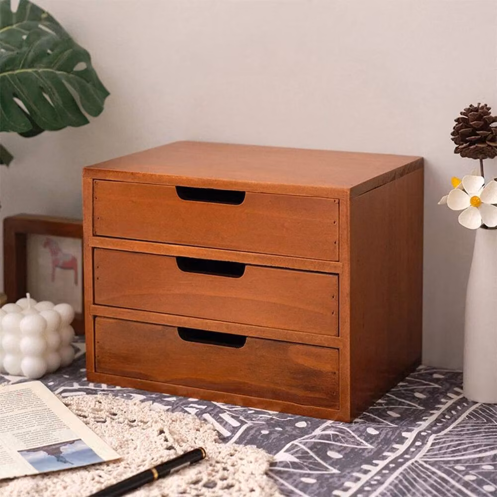 KORVIXA 3-Drawer Wooden Desktop Storage Chest Organizer Box in Brown, Width: 60 cm – 3