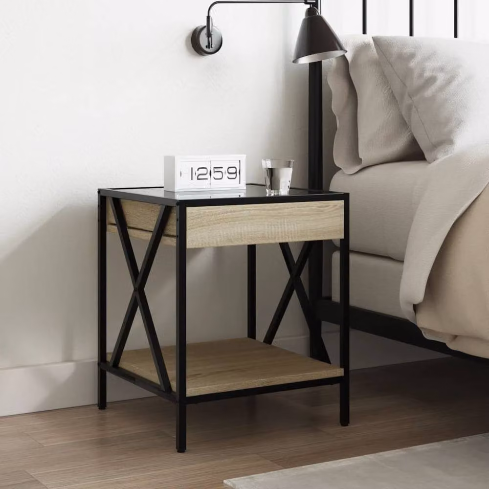 Berkfield Home Infinity LED Bedside Table in Natural Sonoma Oak with Mirror Top, W/D/H: 40 x 40 x 49 cm – 2