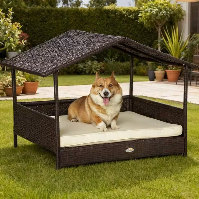 ERGOVEXA Black Rattan Wicker Dog House with Removable Cushion, Canopy and Weatherproof Design