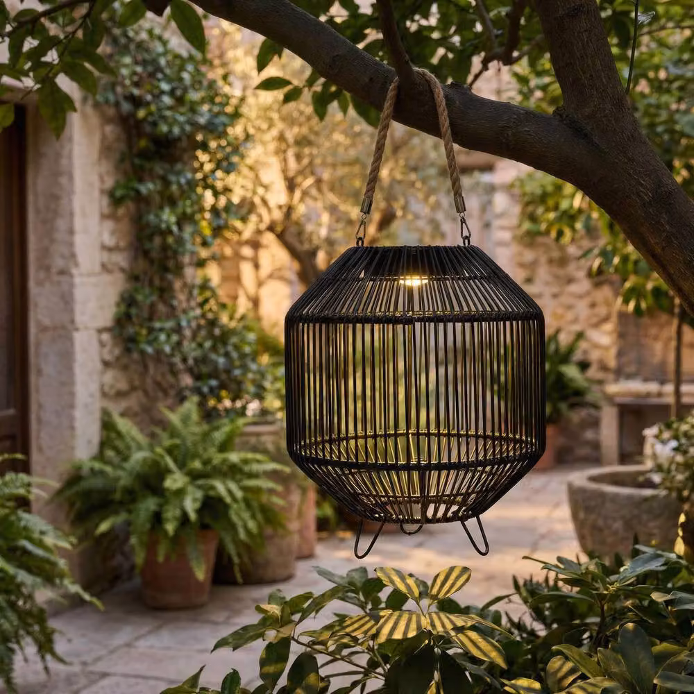 FurnitureboxUK Naples Black Rattan Hanging Solar LED Outdoor Lantern with Warm White Light – 4