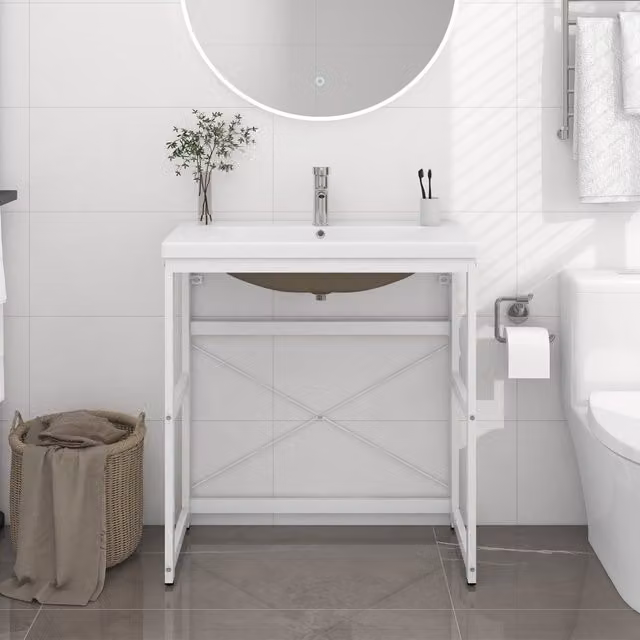 Berkfield Home Modern White Metal and Ceramic Bathroom Washbasin Frame with Built-in Basin