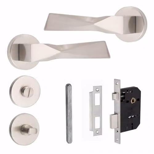 Golden Grace Brushed Silver Bathroom Door Handles with Round Rose Set