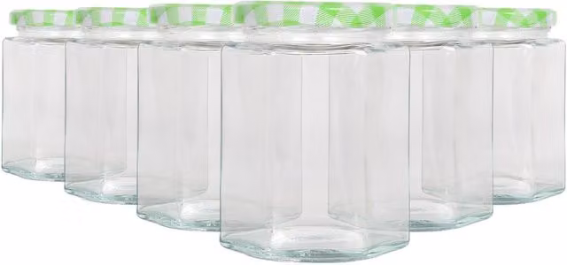 Argon Tableware Hexagonal Glass Jam Jars with Green Gingham Checked Lids, 250ml, Pack of 6