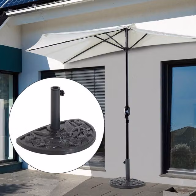 Outsunny Black Half Round Parasol with 9kg Weighted Base