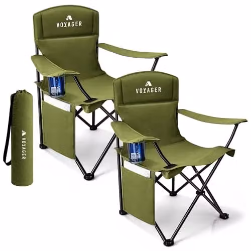 Voyager 2-Pack of Folding Camping Chairs in Green with Cup Holders and Storage Pocket