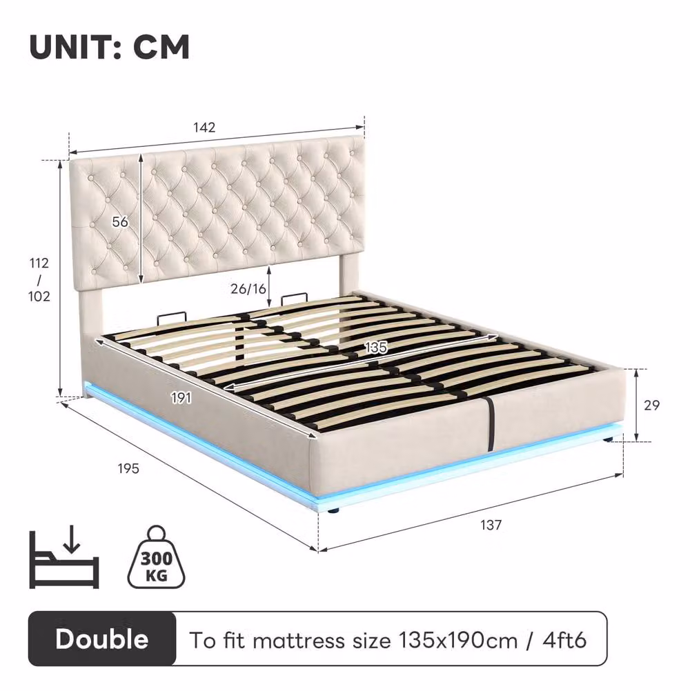 STILVORA Double Ottoman Bed in Beige Velvet with LED Under-Bed Lighting and Lift-Up Storage Base – 3