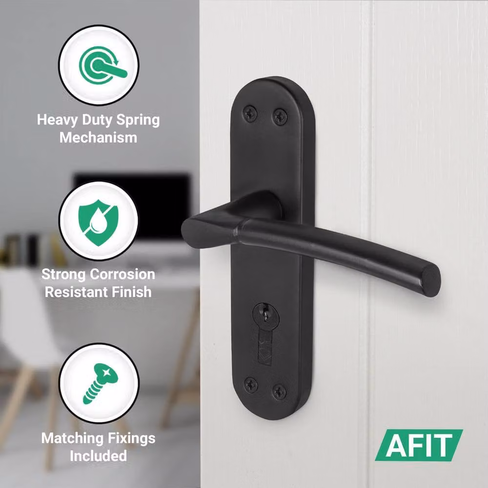 AFIT Matt Black Door Handle with Euro Lock, Double Cylinder and Hinges, W/D/H: 15.0 x 15.0 x 15.0 cm – 3