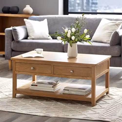 Julian Bowen Mallory Oak Coffee Table with 2 Drawers, W/D/H: 110 x 50 x 65 cm