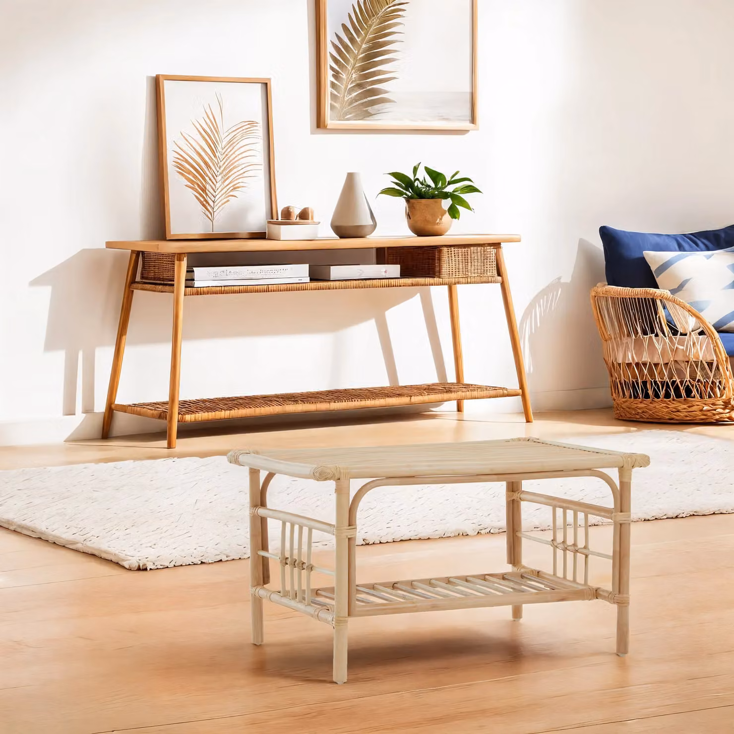Orsina Elegant Rattan Rectangular Coffee Table with Glass Top in Brown and Beige, W/D/H: 80 x 50 x 45 cm – 3