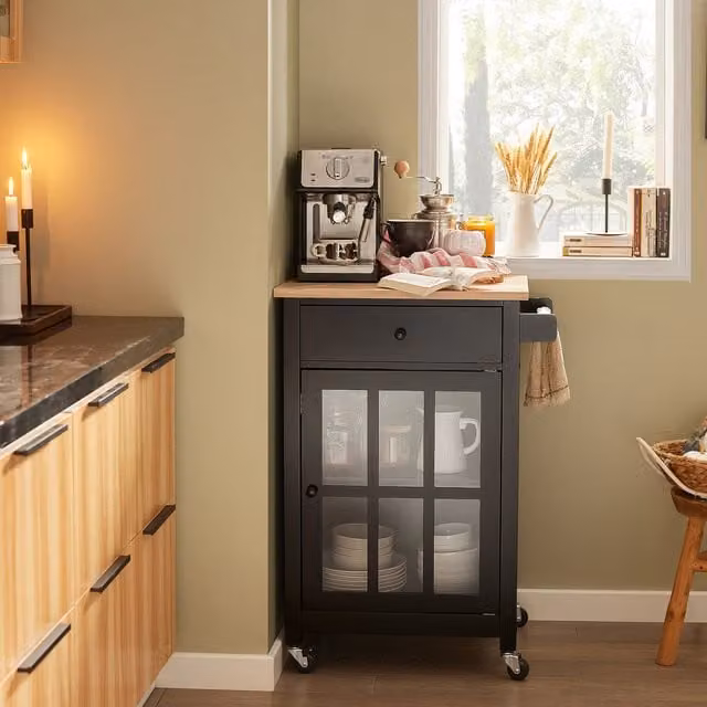 SoBuy Modern Black Serving Trolley with Rubberwood Worktop