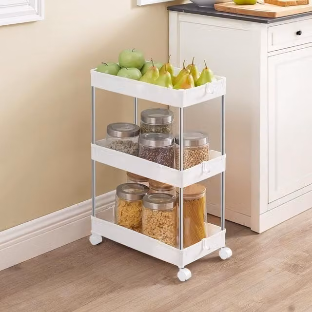 The Bazaarist 3-Tier Rolling Kitchen Storage Cart with Wheels, Mobile Utility Trolley in White