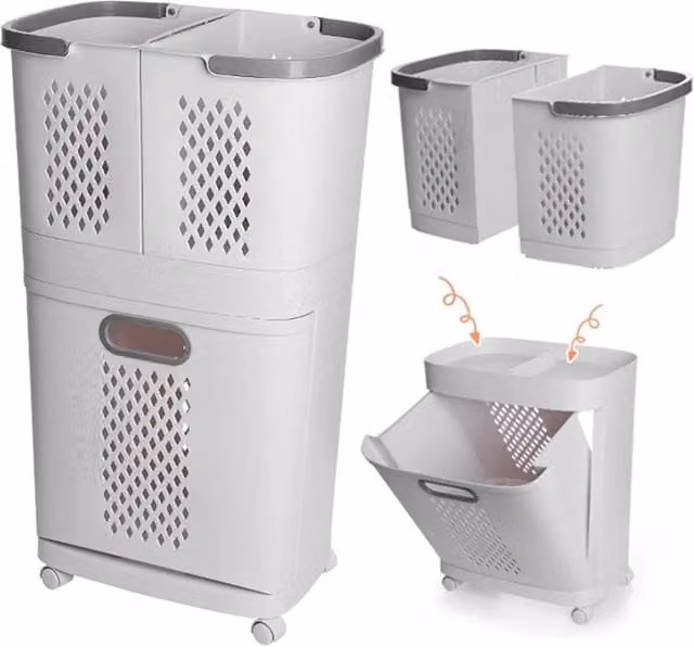 Kelvenix 2 Tier Mobile Laundry Basket Trolley Cart with Removable Bags in White – 1