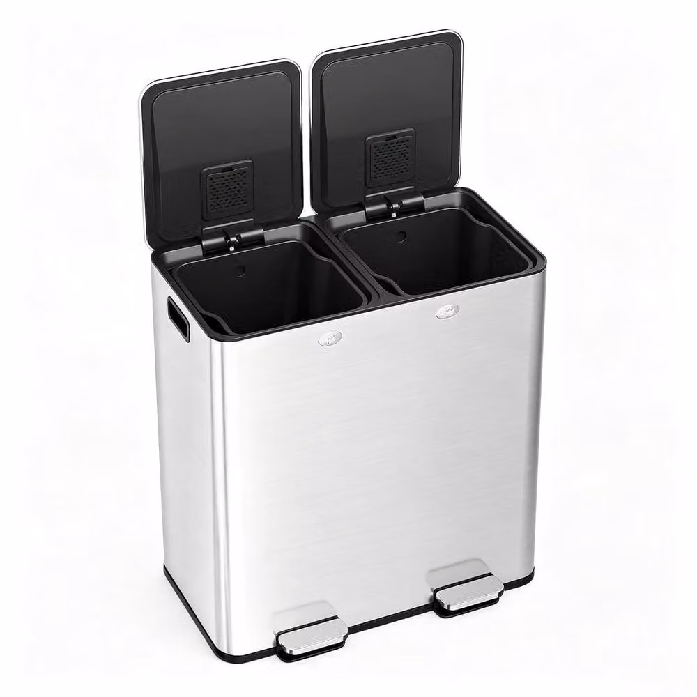 London Boutique 60L Stainless Steel Dual Kitchen Step Pedal Recycling Bin in Silver – 2
