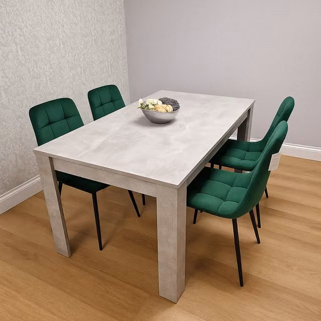Kosy Koala Modern Dining Set with Rectangular Grey Table and Green Chairs and Bench