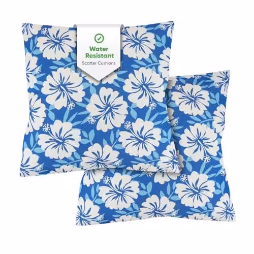 Gardenwize Pack of 2 Blue Hawaiian Floral Outdoor Scatter Cushions, Square Weather Resistant Decorative Pillows with Removable Washable Covers, 45 x 45 cm