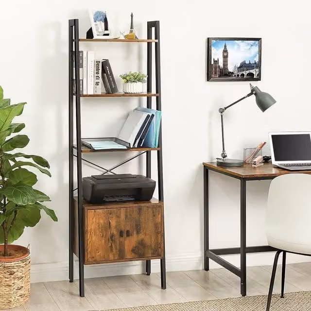The Bazaarist 4-Shelf Industrial Ladder Bookcase with Cabinet Base Storage, Metal and MDF, Rustic Brown and Black