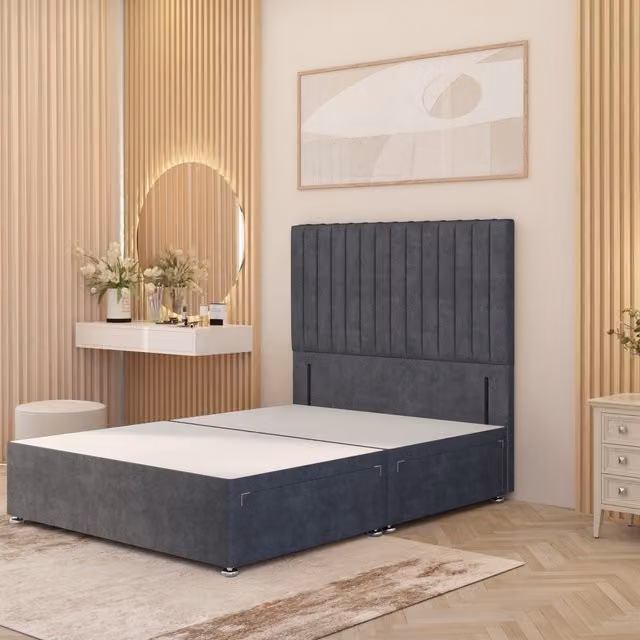 Somnior Beds Ltd Verona Super King Divan Bed Base with 54 inch Floor Standing Headboard and Drawers in Grey Plush Velvet, W/D/H: 200 x 200 cm