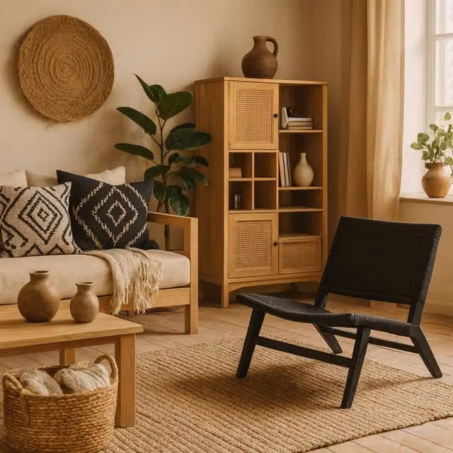 Wyld Haus Wigletree Black Oak Look Lounge Chair with Handwoven Paper Seat and Armrests