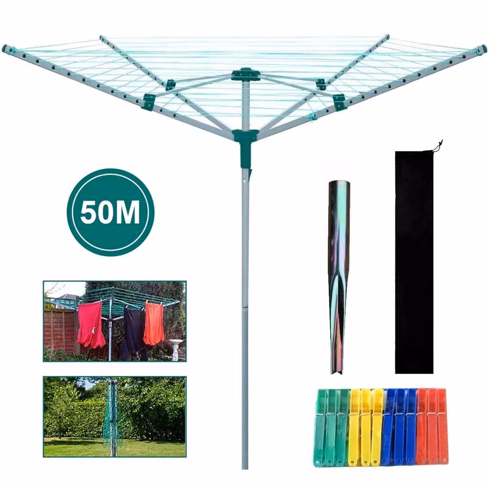 VOGREX 4 Arm Rotary Garden Laundry Line with Spike Cover, 50m, Silver – 2