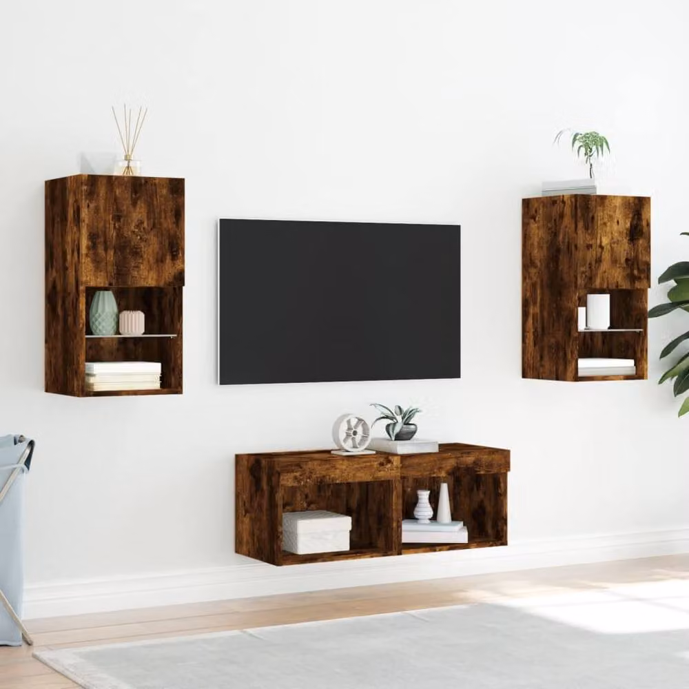 Berkfield Home 4 Piece Modern Wall Mounted TV Cabinet Set with Integrated LED Lights in Smoked Oak Brown – 4