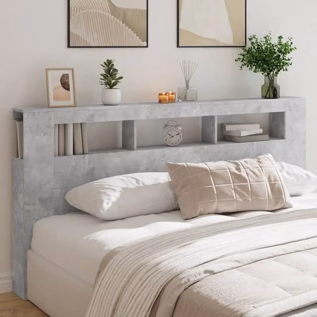 Berkfield Home Modern LED Headboard in Matt Concrete Grey with Integrated Shelf and USB Charging Port, Width: 200 cm – 1