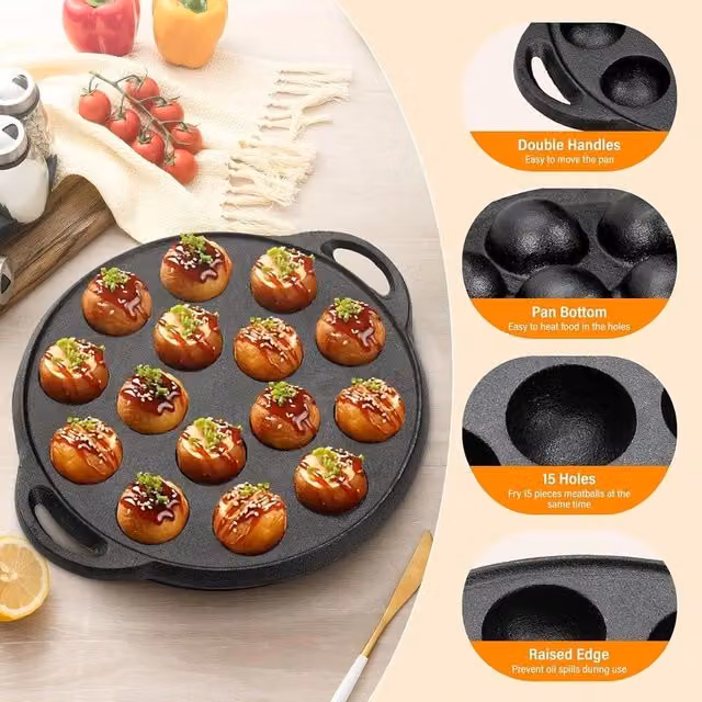 EONLION Black Cast Iron 15-Hole Mini Pancake and Crepe Pan with Double Handles, 23 cm – 1