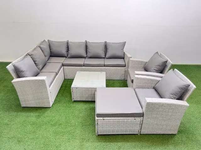 Fimous 9 Seater Corner Sofa Set with Square Coffee Table and Large Footstool in Light Grey