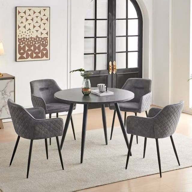SONARA Black Marble Round Dining Table and 4 Grey Faux Suede Dining Chairs Set – 1