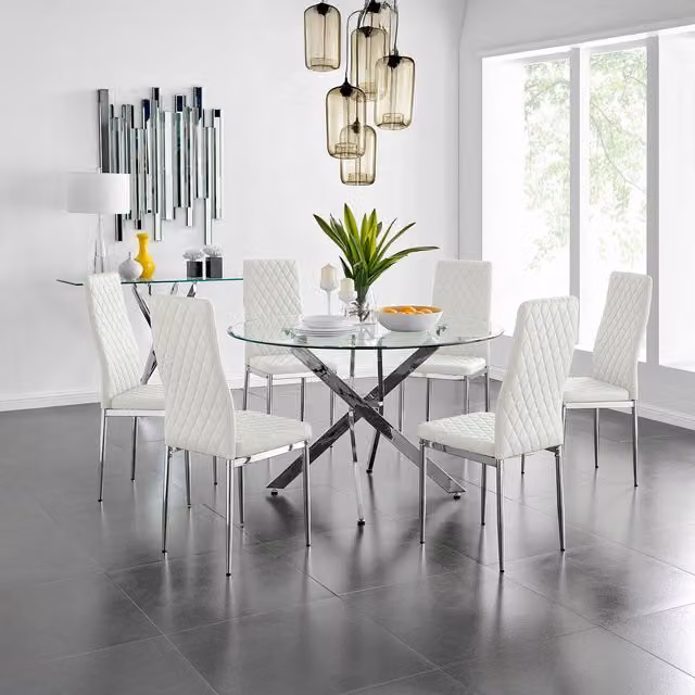 FurnitureboxUK Novara Round Glass Dining Table with 6 Milan Chairs Set, Chrome and White