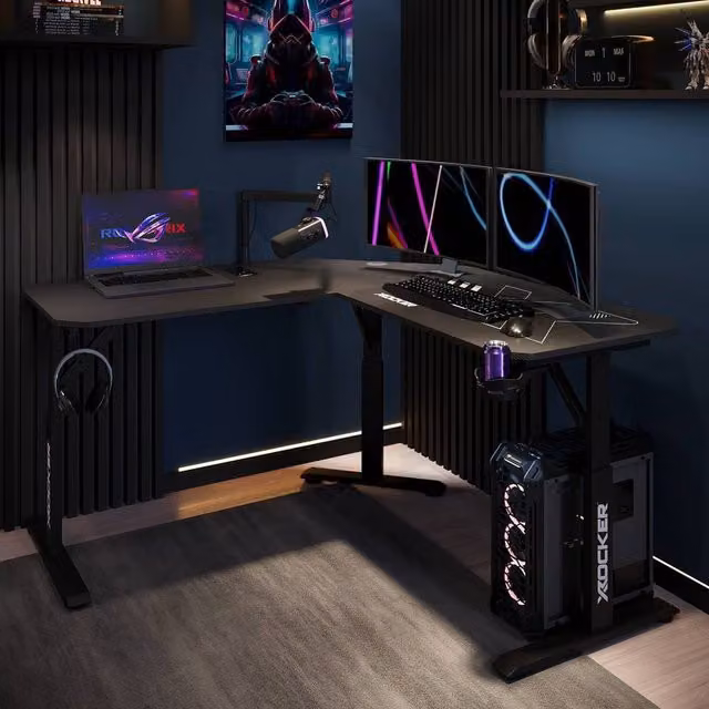 Cougar Height Adjustable Corner Gaming Desk in Black with Mousepad, W: 140 cm