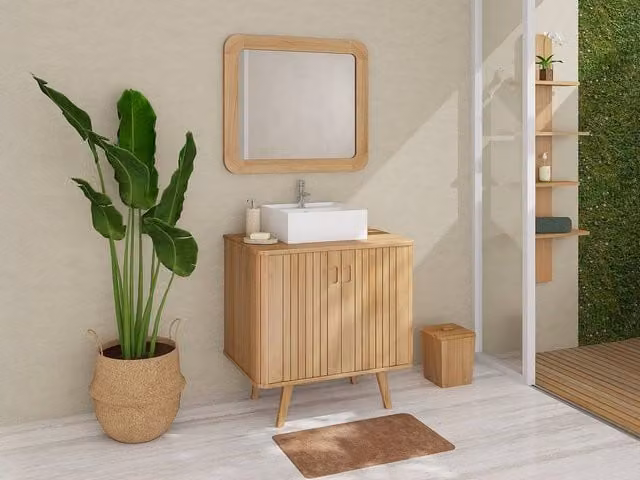 Vente-unique Freestanding Teak Bathroom Vanity Unit with Square Ceramic Countertop in Light Oak, W/D/H: 80 x 80 x 80 cm