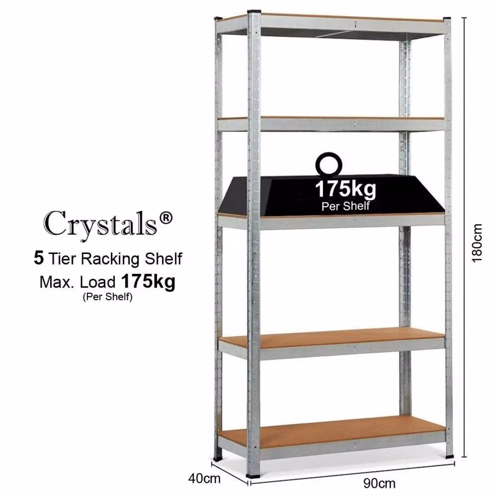 VOGREX 5-Tier Metal and MDF Storage Shelving Unit in Silver, H 180 x W 90 x D 40 cm – 2