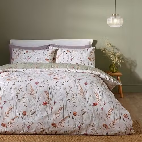 Catherine Lansfield Grasmere Floral Reversible Cotton Flannelette Single Duvet Cover and Pillowcase Set, Green, W/D/H: 135 x 200 cm, Pillowcase: 50 x 75 cm – 1