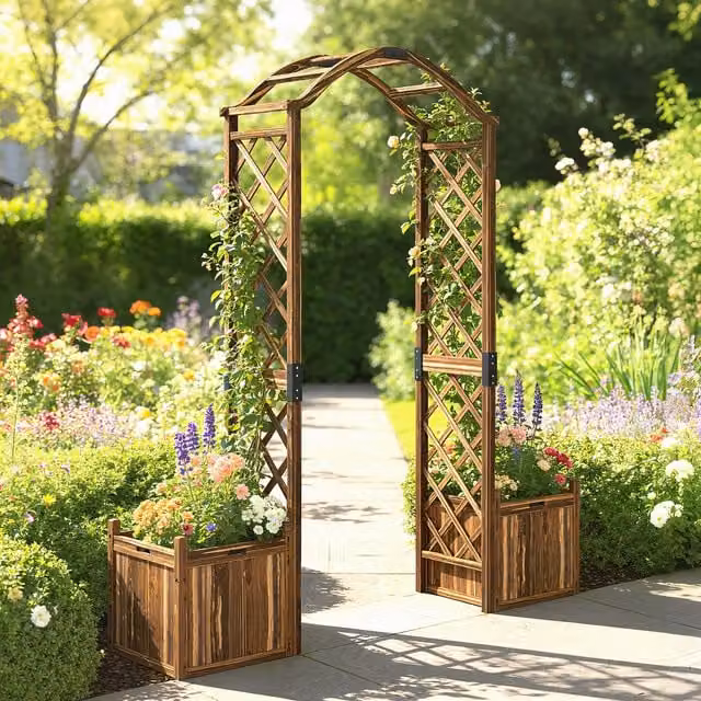 Outsunny Brown Wooden Garden Arch with 2 Planter Boxes and Trellis Support