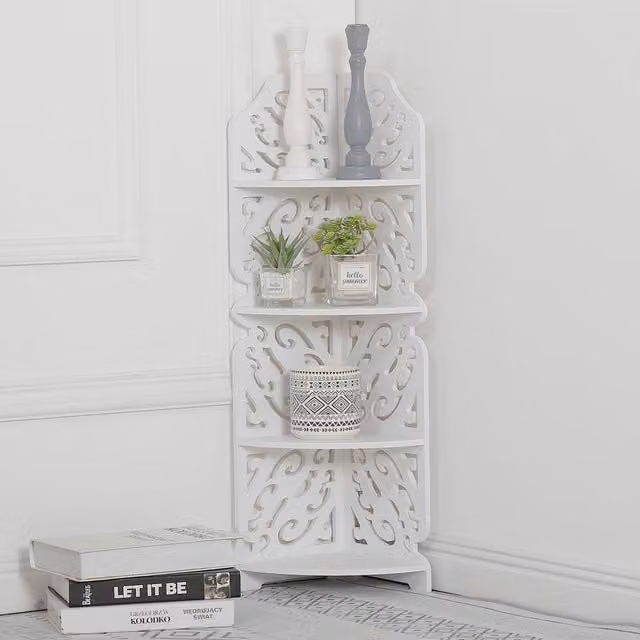 Livingandhome 4-Tier Freestanding Corner Shelves in White with Back Panel and Shabby Chic Style