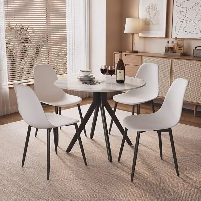 Core Products ASTB4-WHSSset10 Modern Round White Ceramic Dining Table and Chairs Set