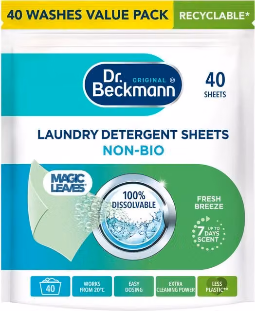 Dr Beckmann Non-Bio Laundry Detergent Sheets, Fresh Breeze, 40 Sheets