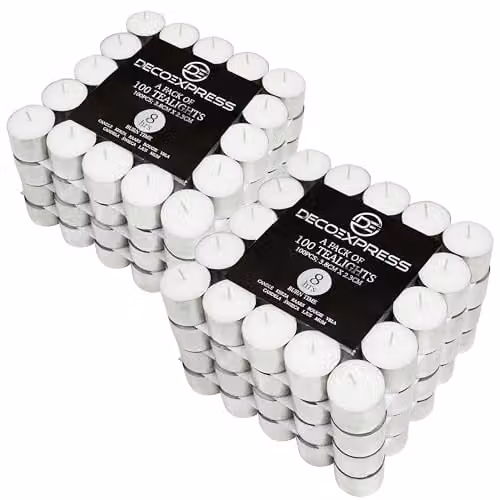 Deco Express White Unscented Tealight Candles, 8 Hour Burn Time, Pack of 200 – 1