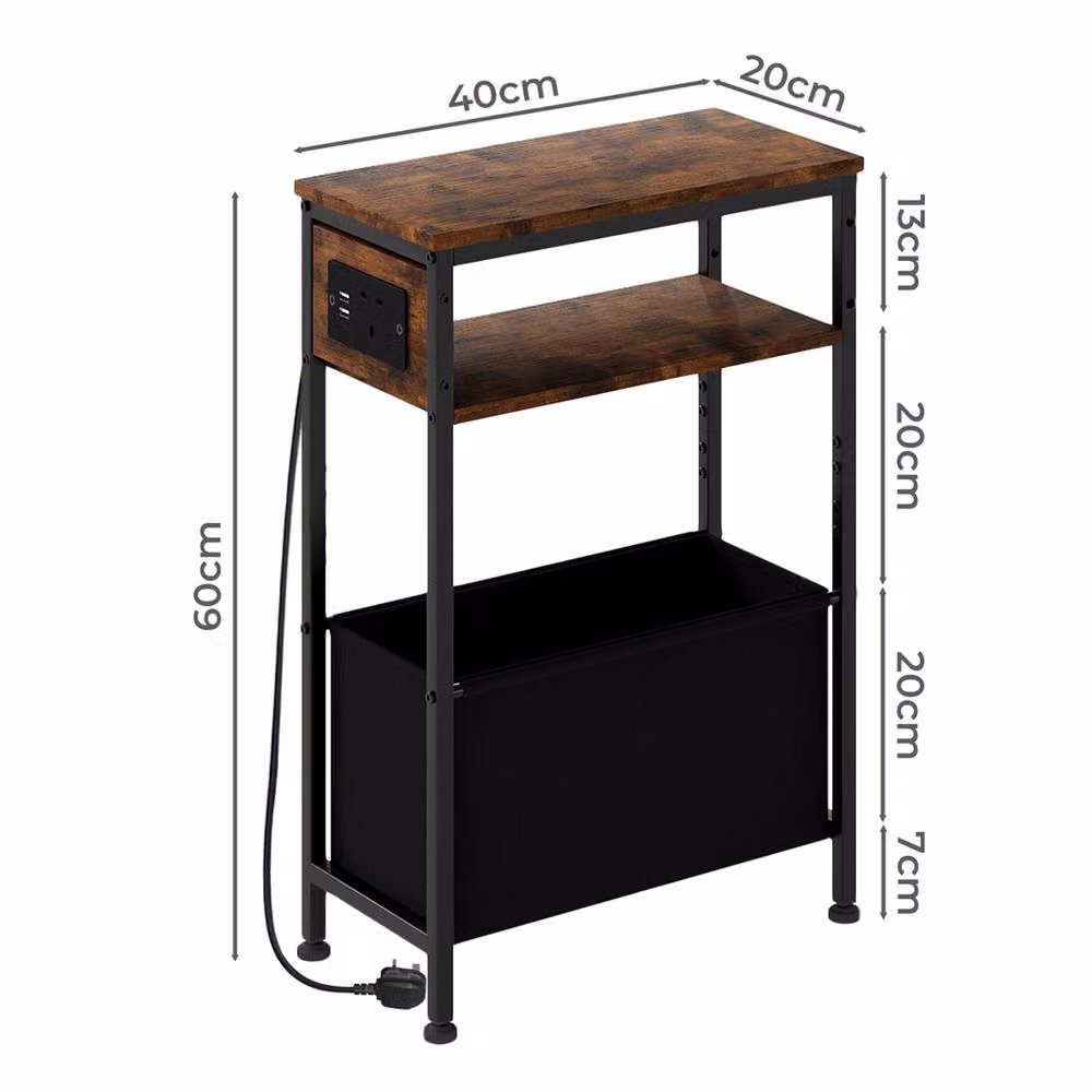 Levede Slim Side Table with Charging Station and Storage in Brown – 4